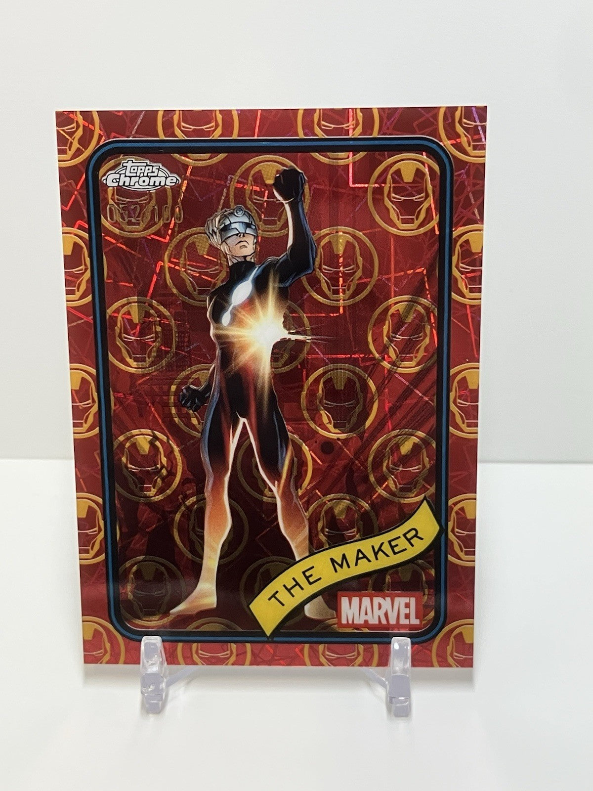 2025 Topps Marvel Chrome, #74, The Maker, Iron Man Red/Gold Refractor, 052/100