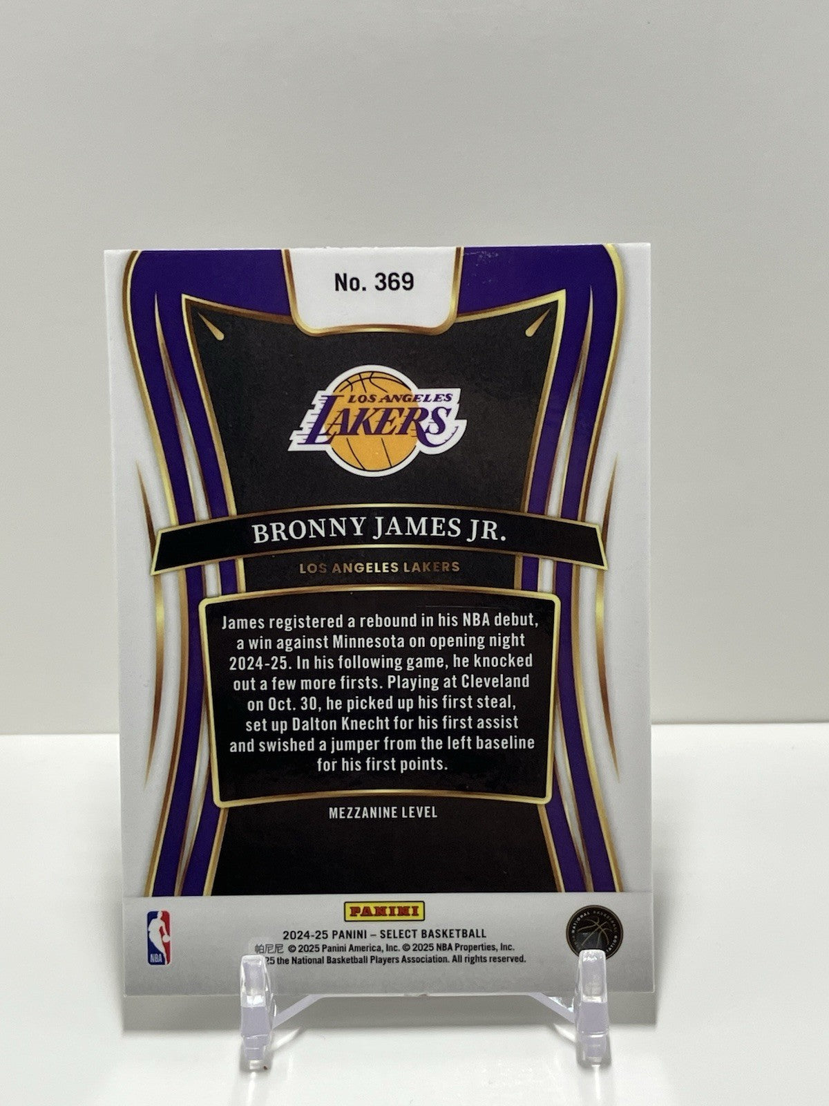2024/25 Panini Select, Lakers, 369, Bronny James Jr, Mezzanine Level