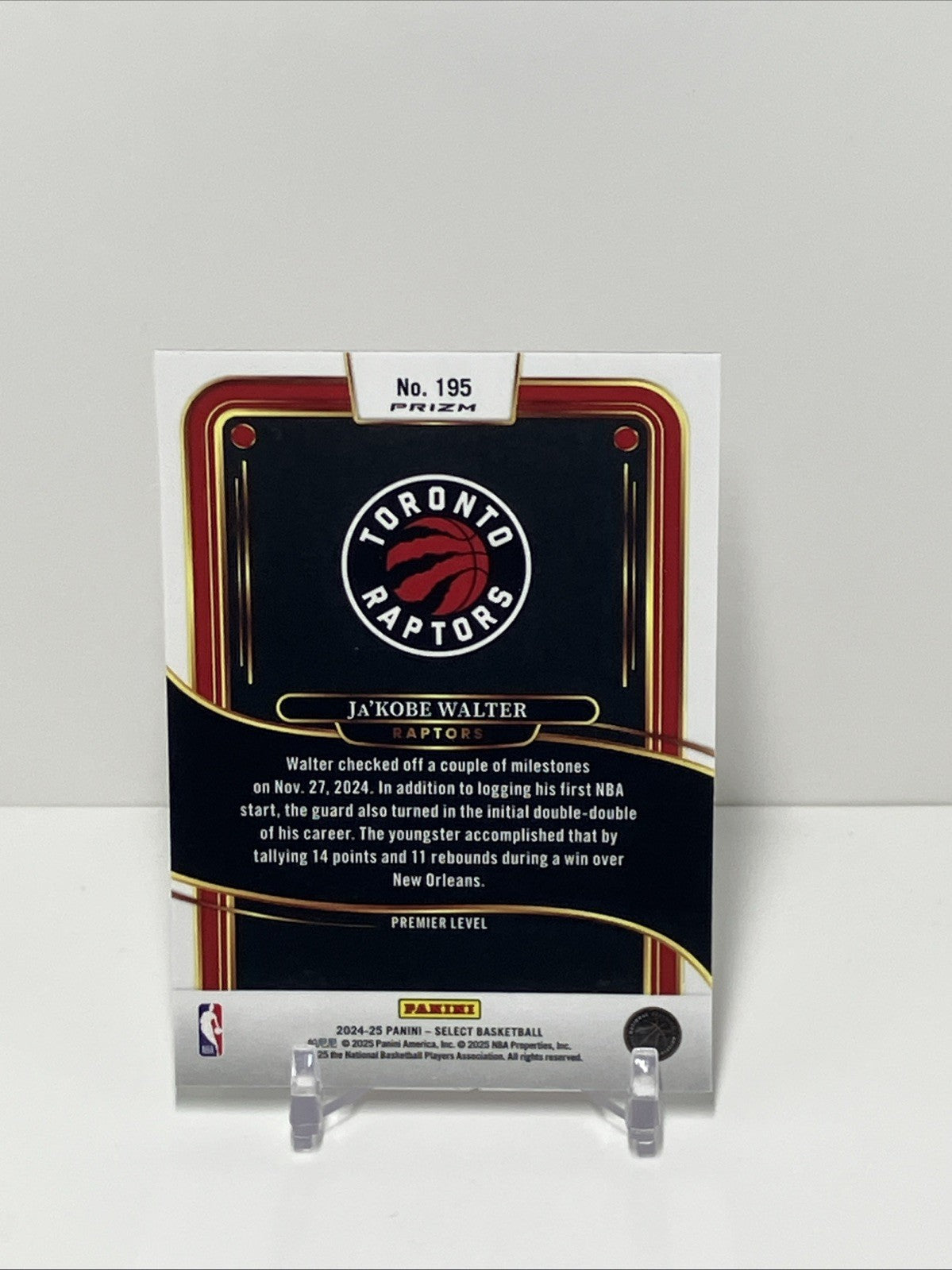 2024/25 Panini Select, Raptors, #195, Ja'Kobe Walter, Premier Level GWP Prizm